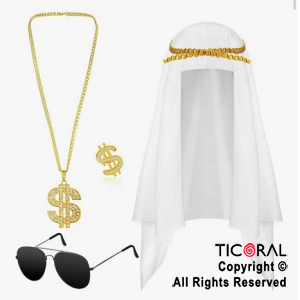 SET DISFRAZ JEQUE CON PAUELO Y AGAL ANTEOJOS COLLAR Y ANILLO CON SIMBOLO $ x 1